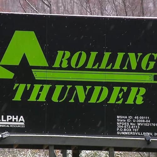 In this image taken from a video provided by WCHS, a sign for the Rolling Thunder mine is seen near Drennen, W.Va., Sunday, Nov. 9, 2025. (WCHS via AP)