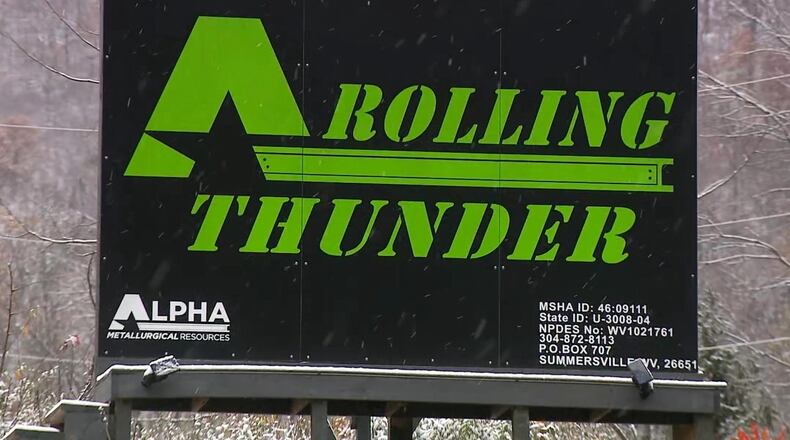 In this image taken from a video provided by WCHS, a sign for the Rolling Thunder mine is seen near Drennen, W.Va., Sunday, Nov. 9, 2025. (WCHS via AP)
