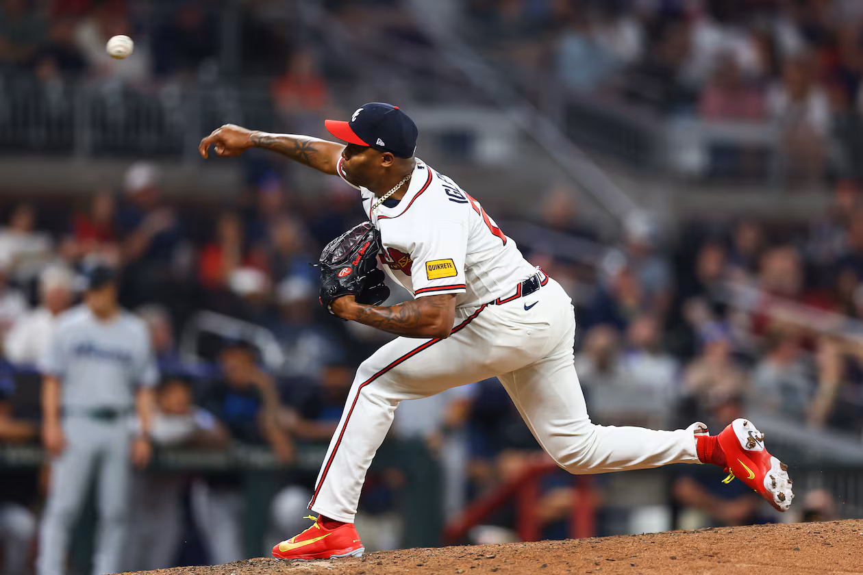 Closer Raisel Iglesias delivers a pitch in the ninth inning against the Marlins on April 14, 2026. (Colin Hubbard/AP)