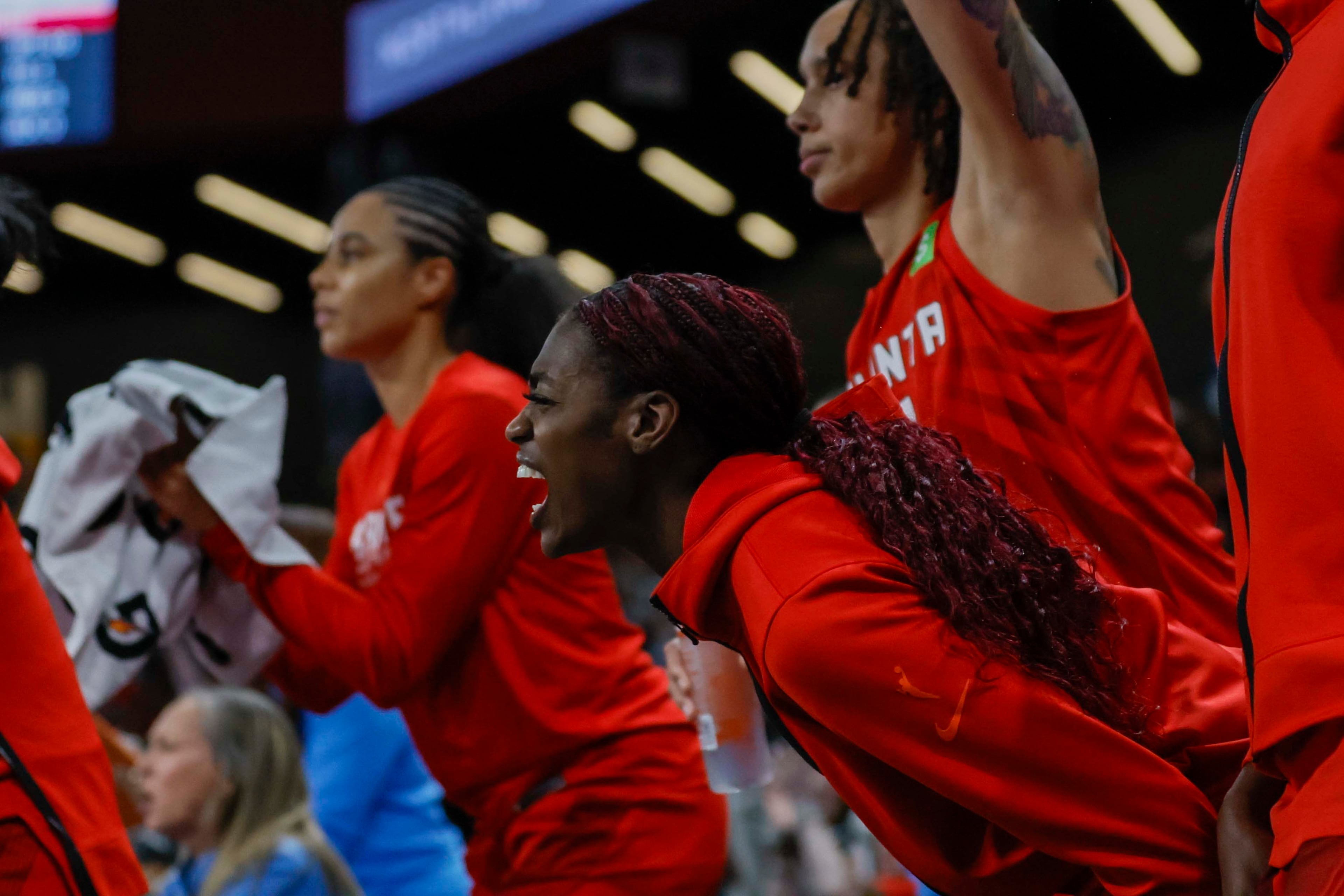 Atlanta Dream players react during the first half of a WNBA basketball first-round playoff game against the Indiana Fever at Gateway Center Arena on Thursday, Sept. 18, 2024, in Atlanta. (Miguel Martinez/ AJC)