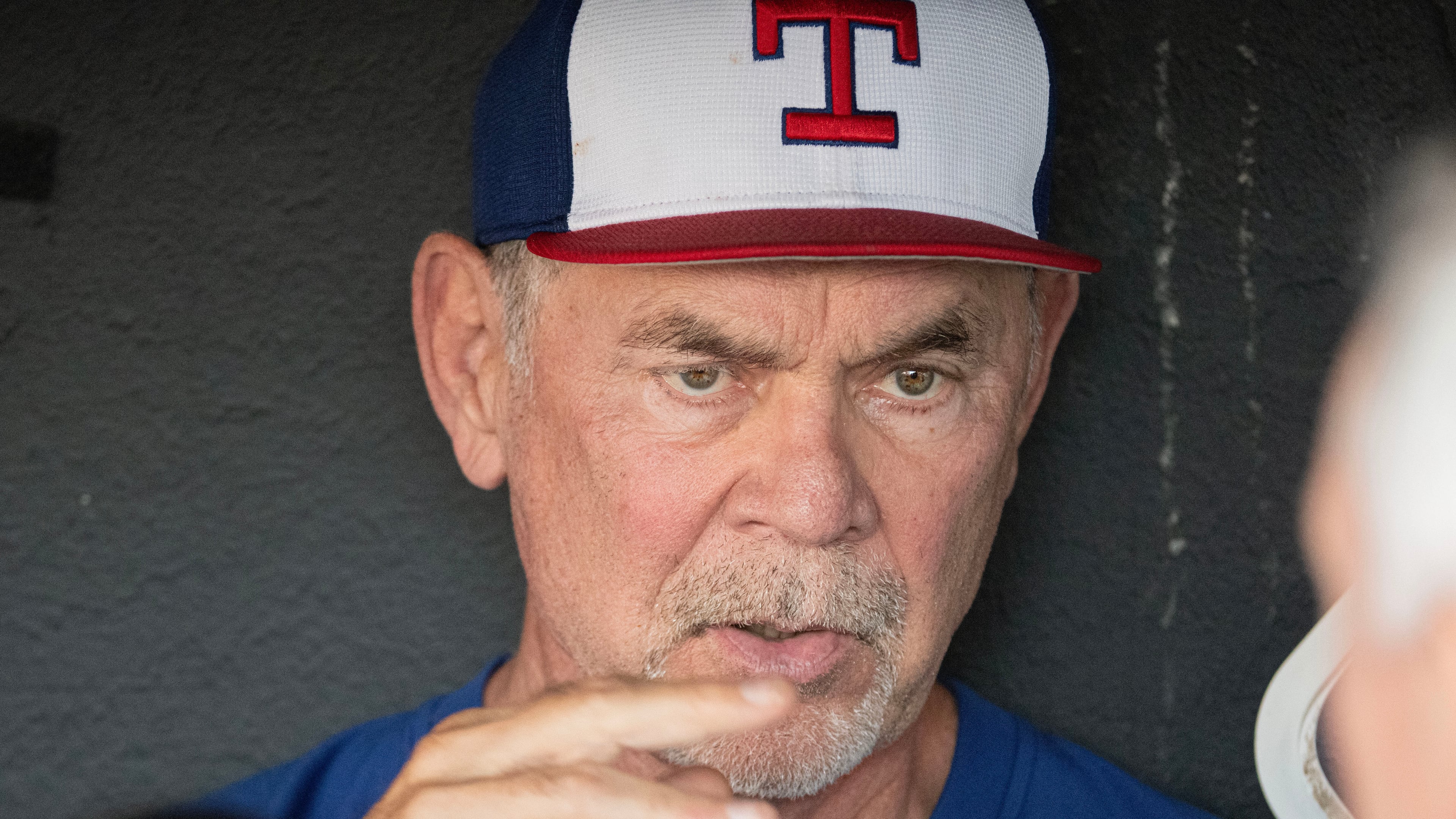 Texas Rangers manager Bruce Bochy speaks with reporters before the start of a baseball game against the Cleveland Guardians, Friday, Sept. 26, 2025, in Cleveland. (AP Photo/Phil Long)