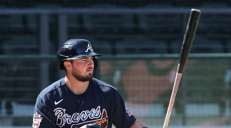 Braves catcher Shea Langeliers bats against the Minnesota Twins during a spring training game on March 2, 2021. Curtis Compton / Curtis.Compton@ajc.com”