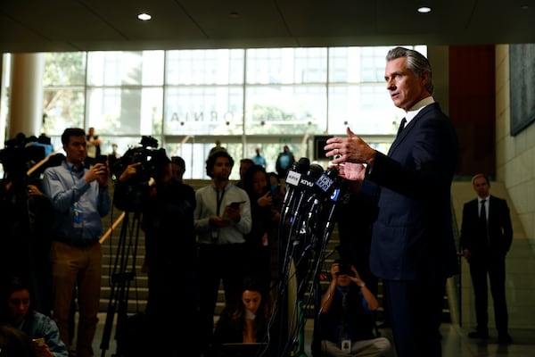 California Gov. Gavin Newsom speaks after U.S. District Judge Charles Breyer granted an emergency temporary restraining order to stop President Trump's deployment of the California National Guard, Thursday, June 12, 2025, at the California State Supreme Court building in San Francisco. (Santiago Mejia/San Francisco Chronicle via AP)