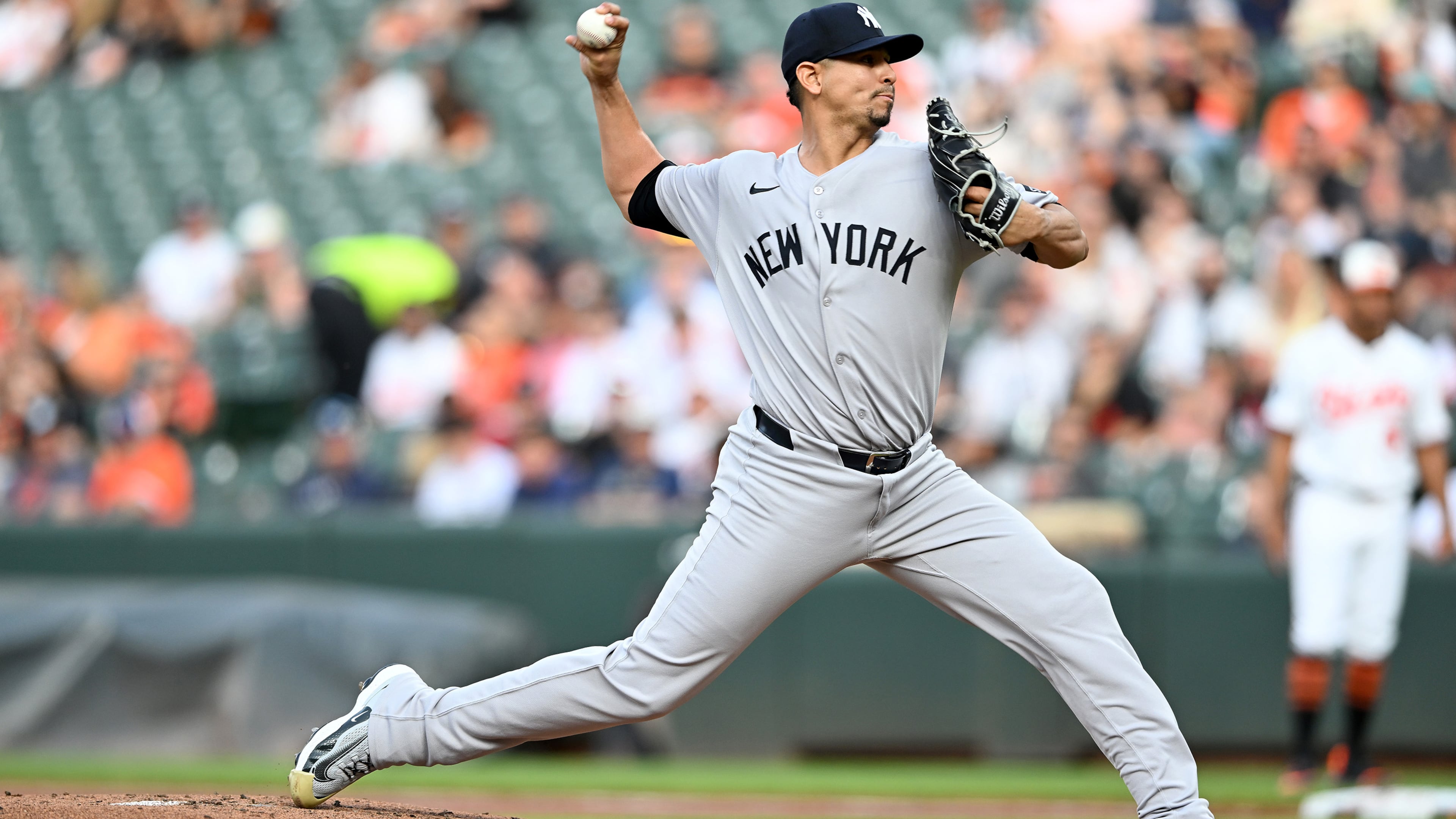 Carlos Carrasco of the New York Yankees pitches in the first inning against the Baltimore Orioles at Oriole Park at Camden Yards on April 30, 2025, in Baltimore. (Greg Fiume/Getty Images)