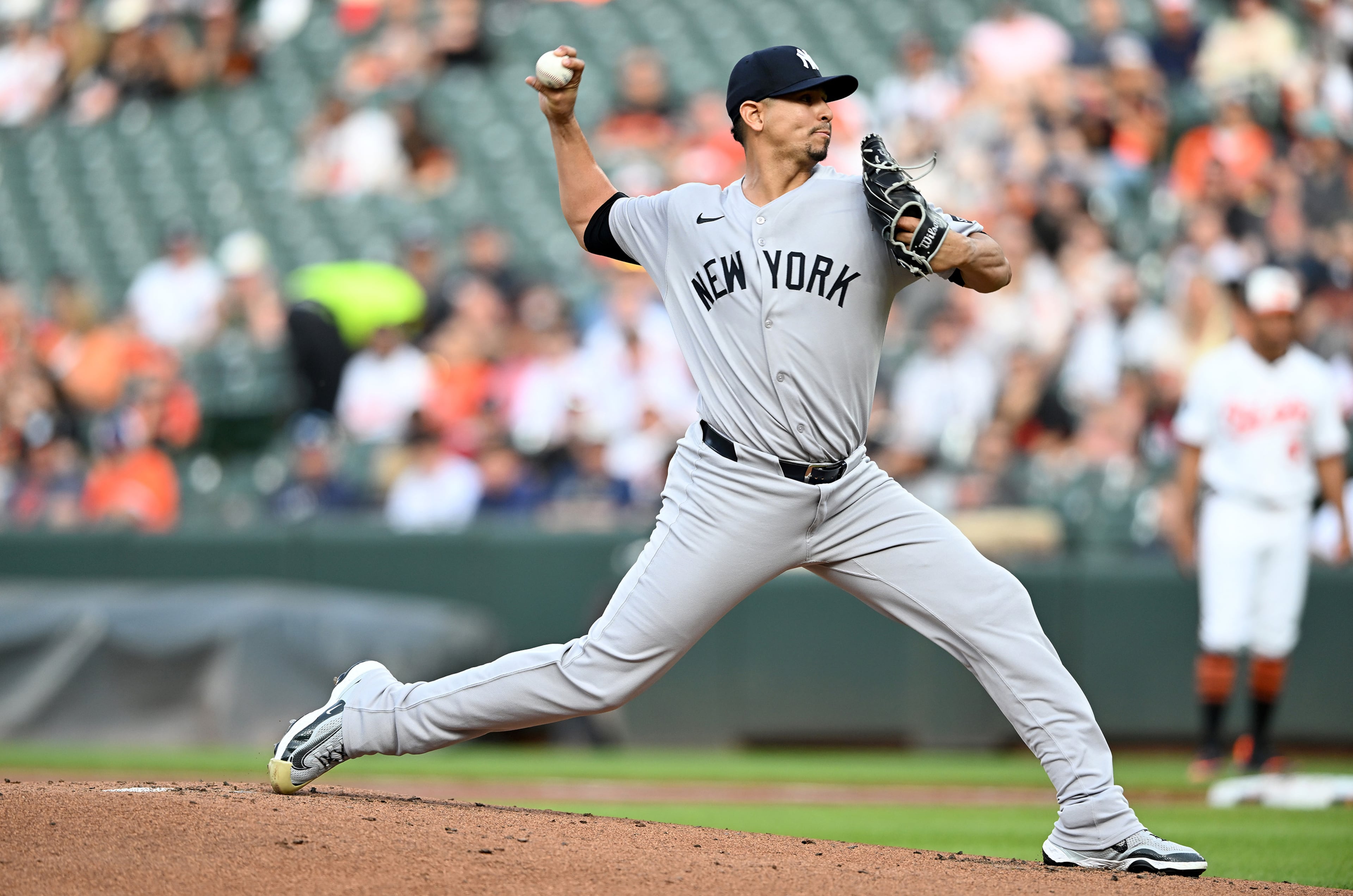 Carlos Carrasco of the New York Yankees pitches in the first inning against the Baltimore Orioles at Oriole Park at Camden Yards on April 30, 2025, in Baltimore. (Greg Fiume/Getty Images)
