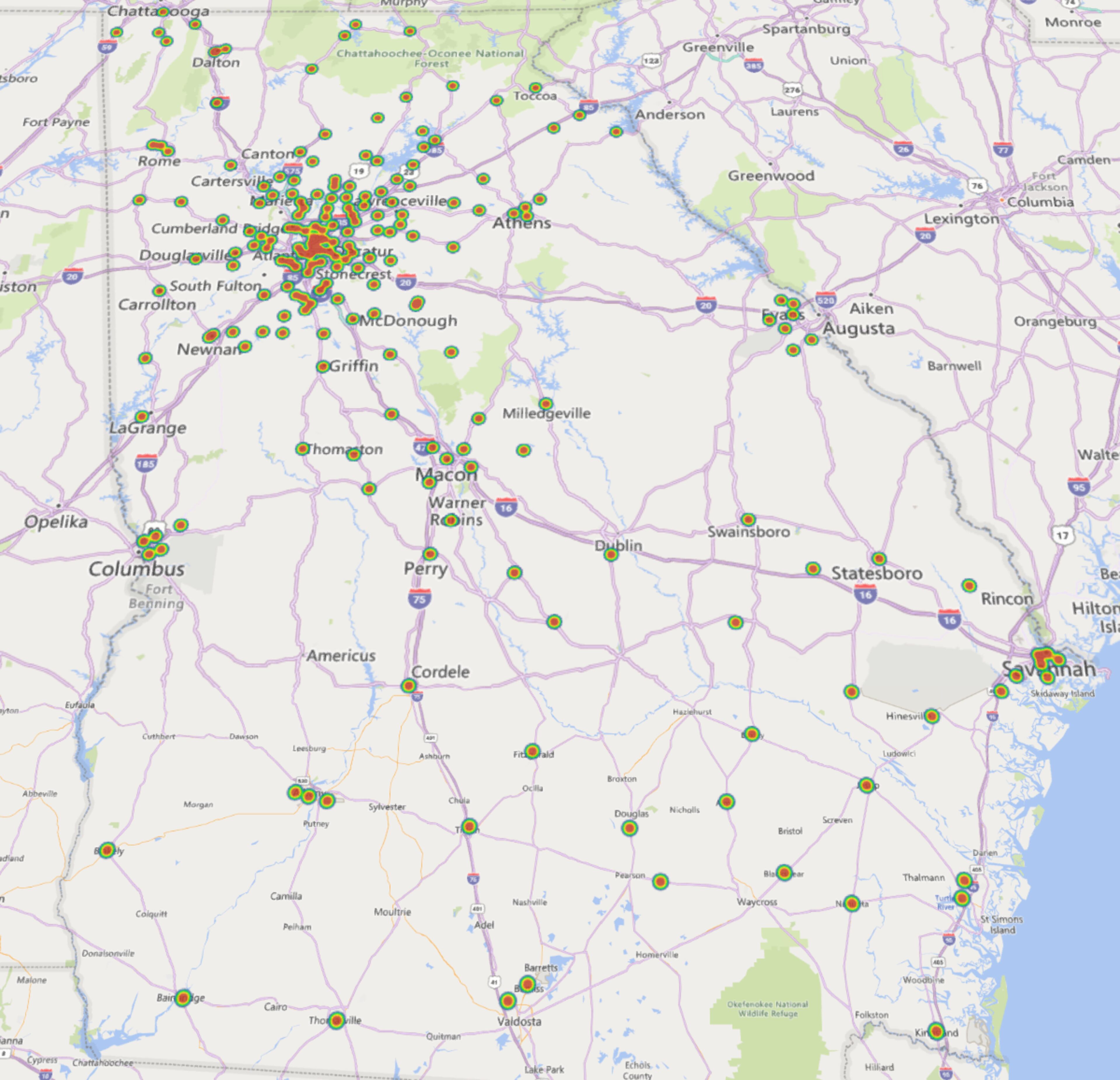 A heat map of the Windows devices infected by Lumma Stealer in Georgia. (Courtesy of Microsoft)