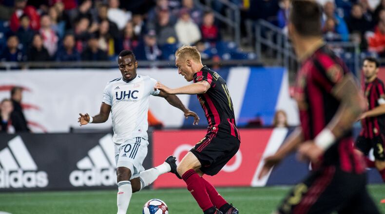 04/13/19 - FOXBOROUGH, MA. - Atlanta United FC battles New England Revolution in a MLS regular season game at Gillette Stadium in Foxborough, Massachusetts on Saturday, April 13, 2019. Photo by Matthew Modoono/ATULT