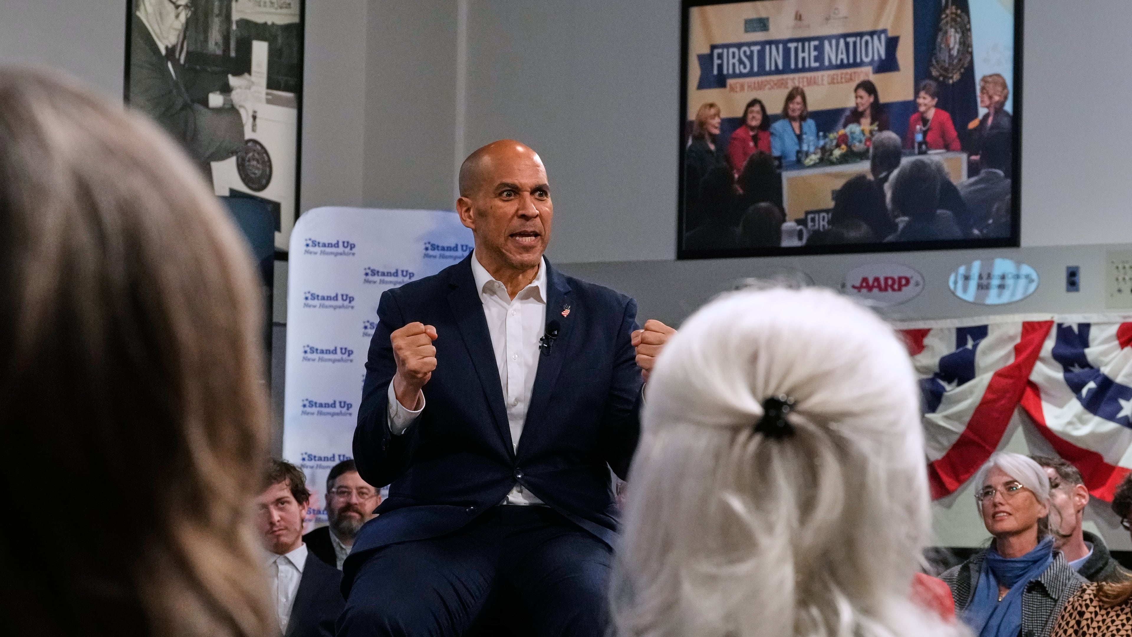 Sen. Cory Booker, D-N.J., addresses a gathering Friday, Nov. 14, 2025, in Manchester, N.H. (AP Photo/Charles Krupa)