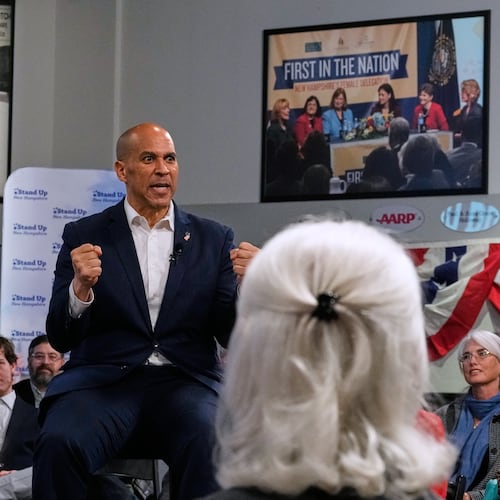 Sen. Cory Booker, D-N.J., addresses a gathering Friday, Nov. 14, 2025, in Manchester, N.H. (AP Photo/Charles Krupa)