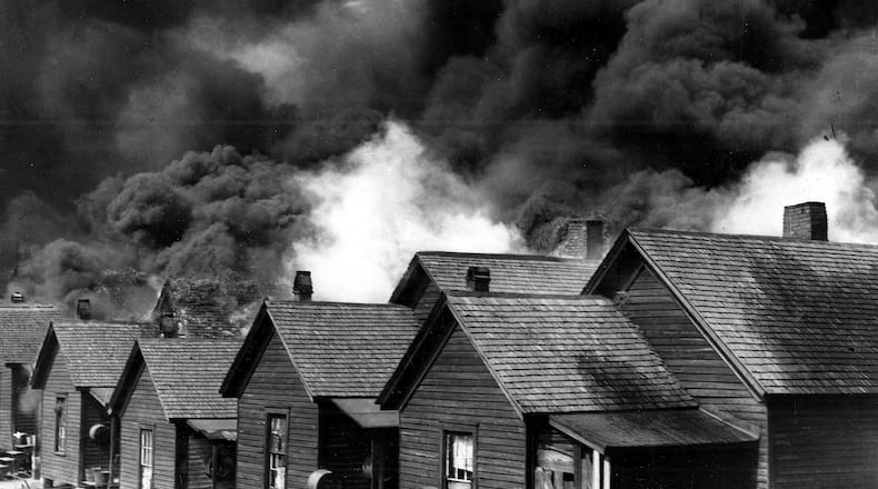 The Great Atlanta Fire of May 21, 1917. Flames jumped from roof to roof across blocks of wood-shingled houses. More than 4,000 Atlantans were homeless before the wind changed and the fire died. The fire consumed 73 blocks and 1,553 houses.