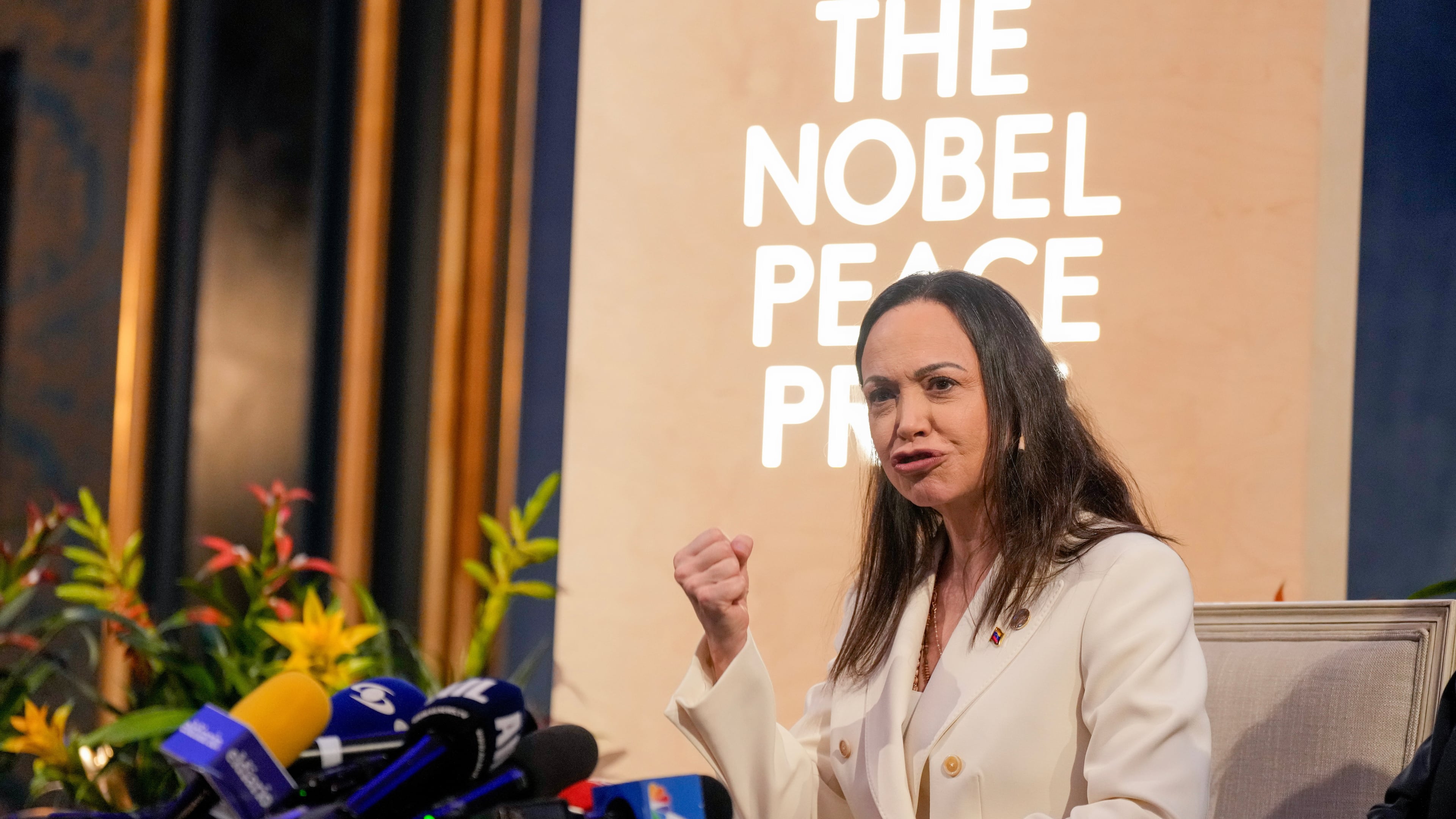 Nobel Peace Prize laureate Maria Corina Machado speaks during a press conference at the Grand Hotel in Oslo, Norway, Thursday, Dec. 11, 2025. (Heiko Junge/NTB Scanpix via AP)