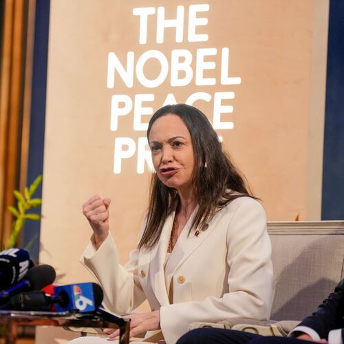 Nobel Peace Prize laureate Maria Corina Machado speaks during a press conference at the Grand Hotel in Oslo, Norway, Thursday, Dec. 11, 2025. (Heiko Junge/NTB Scanpix via AP)
