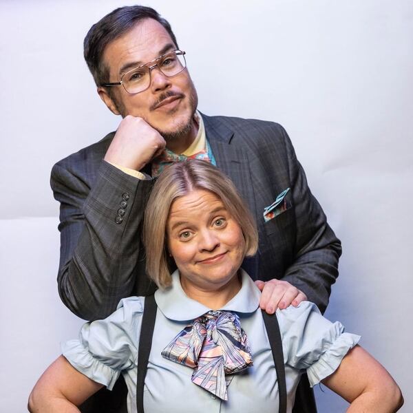 Travis Sharp and Karen Cassady star in “Guttenberg! The Musical!” a show-within-a-show at Dad’s Garage through Sunday, June 28. (Courtesy of Dad’s Garage)