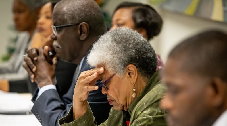 City Council Naeema Gilyard reacts during a hearing to remove Mayor Bill Edwards and councilwoman Helen Zenobia Willis at the South Fulton City Hall, Dec. 30, 2019.