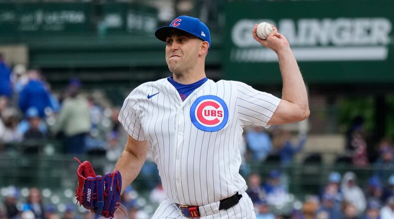 Chicago Cubs starting pitcher Matthew Boyd throws against the Arizona Diamondbacks during the first inning of a baseball game in Chicago, Sunday, May 3, 2026. (AP Photo/Nam Y. Huh)