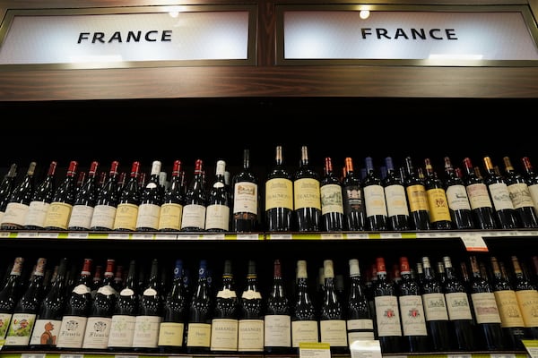 Shown are French wines at a Pennsylvania Fine Wine & Good Spirits in Flourtown, Pa., Thursday, March 13, 2025. (AP Photo/Matt Rourke)