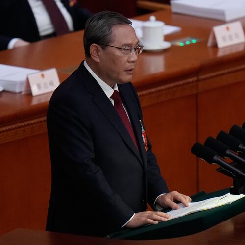 Chinese Premier Li Qiang speaks during opening session of the National People's Congress (NPC) in Beijing, Thursday, March 5, 2026. (AP Photo/Andy Wong)