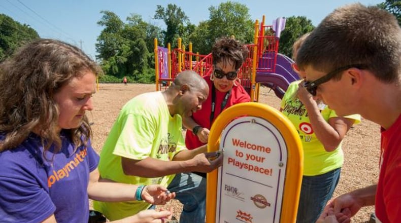 Volunteers from Target, Favor House Inc., along with organizers from KaBOOM! joined with the city of College Park to build the third community playground in the city. CONTRIBUTED