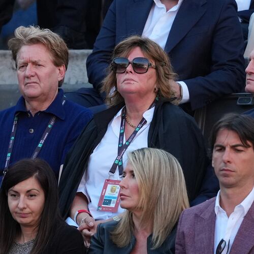 FILE - Johann, left, and Siglind Sinner, the parents of Jannik Sinner, of Italy, watch his final match against Casper Ruud, of Norway, at the Italian Open tennis tournament, in Rome, May 17, 2026. (AP Photo/Andrew Medichini, File)
