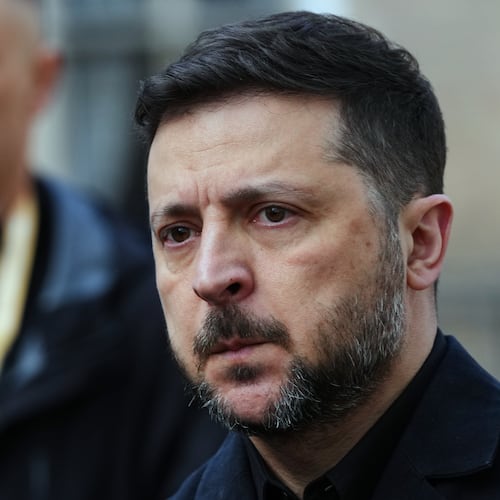 Ukraine's President Volodymyr Zelenskyy arrives for the International Four Freedoms Award ceremony in Middelburg, Netherlands, Thursday, April 16, 2026. (AP Photo/Peter Dejong)