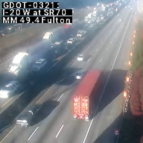 A crash blocks lanes on I-20 East just before I-285 in Fulton County on Tuesday, Nov. 11, 2025. (Georgia Department of Transportation)