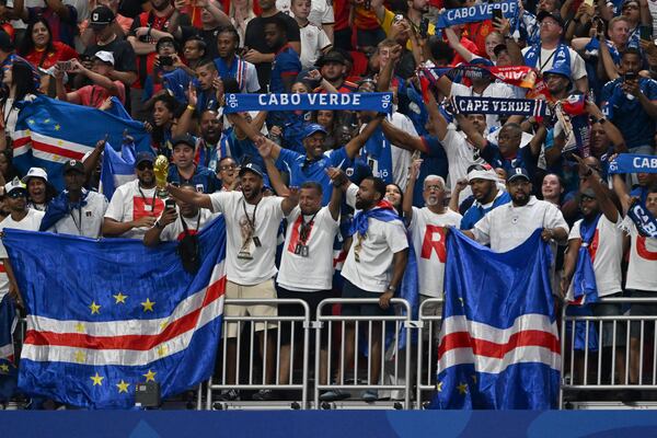 Cape Verde fans celebrate a 0-0 draw with Spain in Group H match at Atlanta Stadium (Mercedes-Benz Stadium) on Monday, June 15, 2026. (Hyosub Shin/AJC)