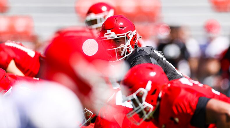 Georgia quarterback JT Daniels (18) during the Bulldogs’ practice session Saturday, April 3, 2021, at Sanford Stadium in Athens. (Tony Walsh/UGA)