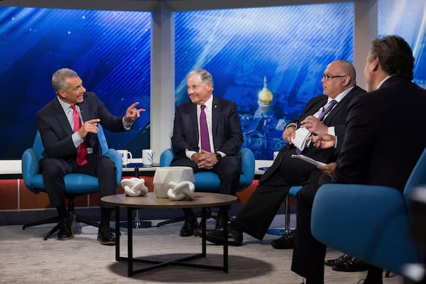 FILE - Candidates former Assemblyman Jack Ciattarelli, from left, State Senator Jon Bramnick, moderator and NJ PBS Chat Box host David Cruz and candidate former radio personality Bill Spadea, discuss the issues during the New Jersey Republican gubernatorial primary debate at NJ PBS Studios, Wednesday, May 7, 2025, in Newark, N.J. (Steve Hockstein/NJ Advance Media via AP, Pool, File)