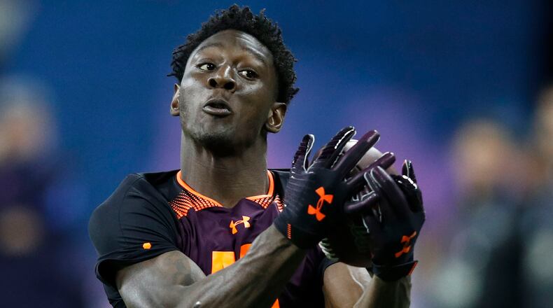 Former Georgia wide receiver Riley Ridley takes part in a passing drill in day three of the NFL Combine Saturday, March 2, 2019, at Lucas Oil Stadium in Indianapolis.
