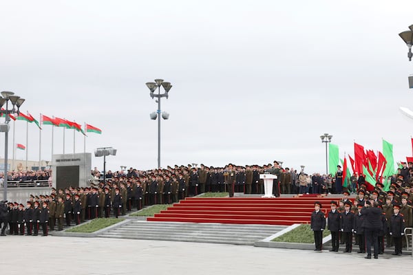 In this photo, released by Belarus' Presidential Press Service, Belarusian President Alexander Lukashenko attends ceremony of military personnel taking the oath of allegiance to the Belarusian people and the President of the Republic of Belarus after his inauguration in Minsk, Belarus, Tuesday, March 25, 2025. (Belarus' Presidential Press Service via AP)
