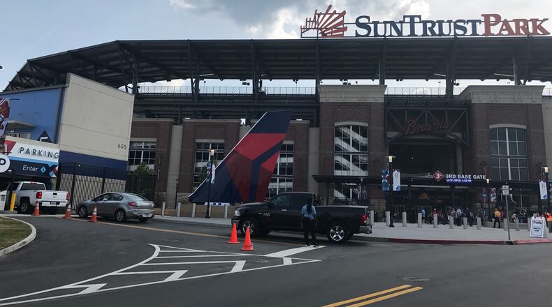 Drivers got an up-close and personal look at the new Delta airplane tail in front of the ballpark as they pulled into the parking area near the 3rd-base gate.