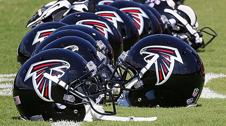 Generic file photo of helmets from Falcons training camp.