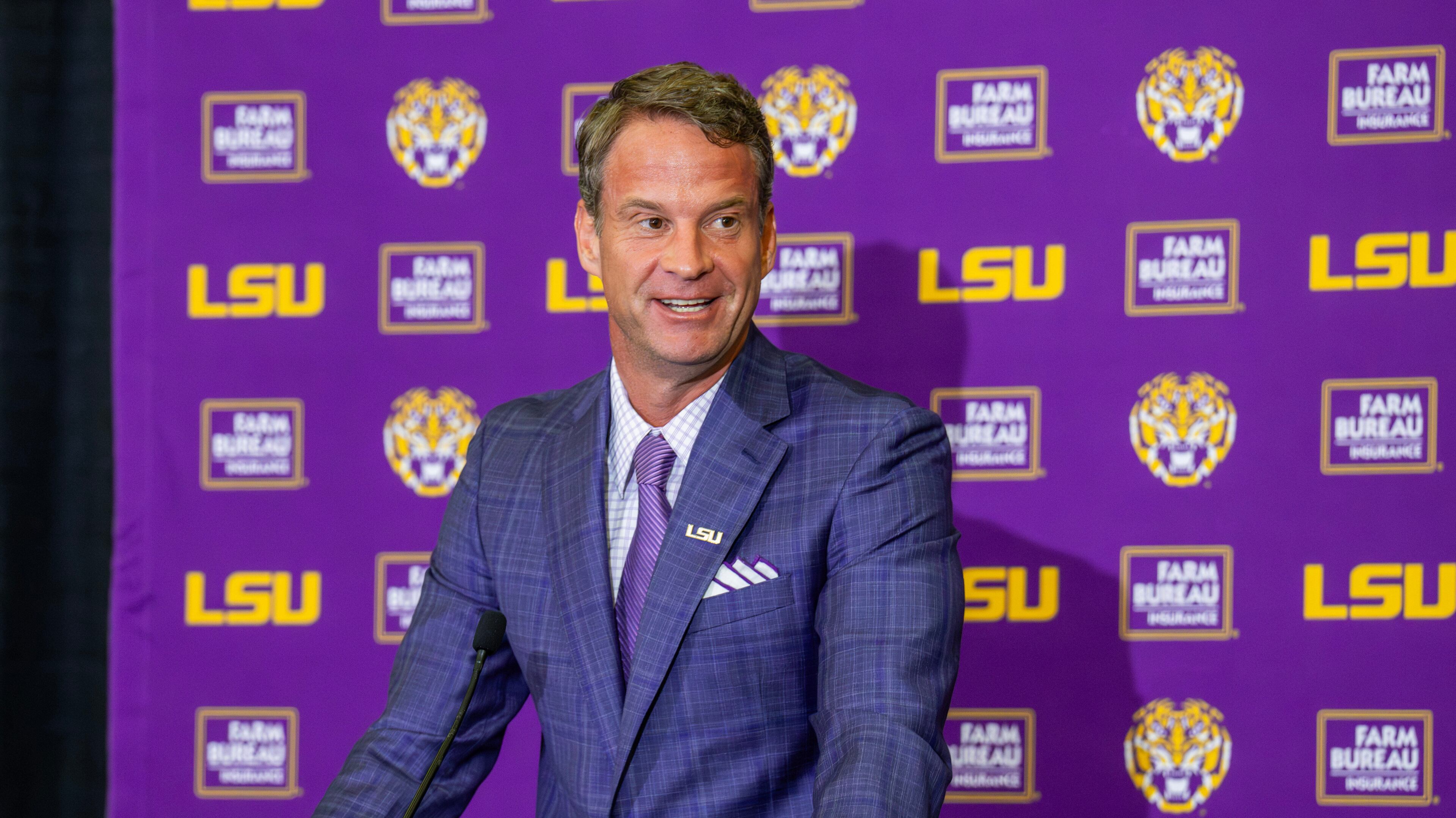 LSU's new head football coach Lane Kiffin gives an opening statement at an introductory news conference, Monday, Dec. 1, 2025, in Baton Rouge, La. (Michael Johnson/The Advocate via AP)