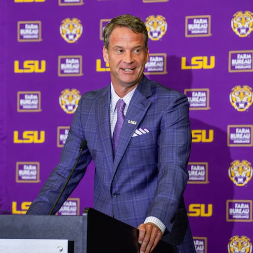 LSU's new head football coach Lane Kiffin gives an opening statement at an introductory news conference, Monday, Dec. 1, 2025, in Baton Rouge, La. (Michael Johnson/The Advocate via AP)