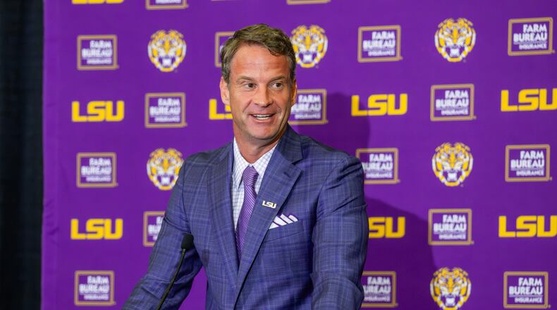 LSU's new head football coach Lane Kiffin gives an opening statement at an introductory news conference, Monday, Dec. 1, 2025, in Baton Rouge, La. (Michael Johnson/The Advocate via AP)