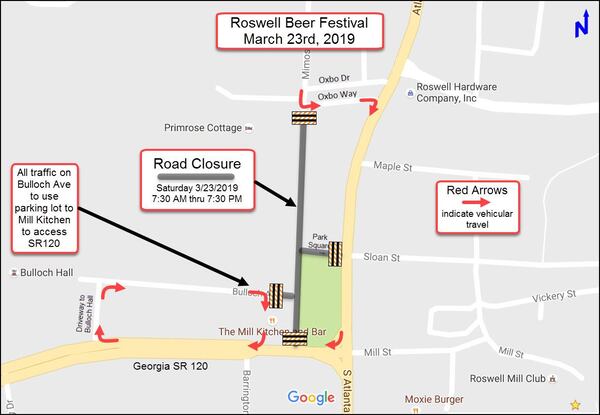 This is a map of the road closures for the 2019 Roswell Beer Festival. (City of Roswell)