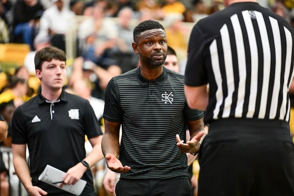 Kennesaw State head coach Antoine Pettway argues a call with a referee during the second half of a game Sunday, Nov. 16, 2025 at Kennesaw State University. (Daniel Varnado for the AJC)