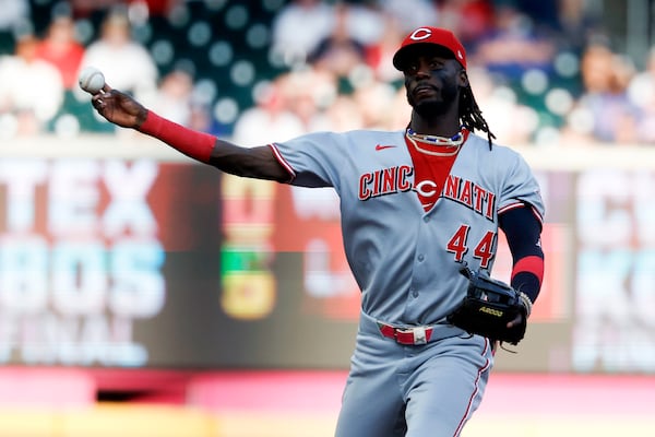 Cincinnati Reds shortstop Elly De La Cruz throws to first base for the out on Atlanta Braves' Alex Verdugo during the first inning of a baseball game, Thursday, May 8, 2025, in Atlanta. (AP Photo/Butch Dill)