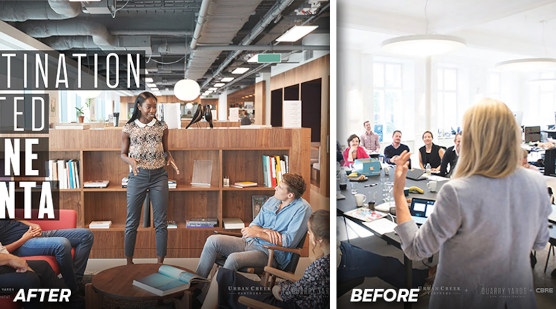 Before and after image of marketing information from developer Quarry Yards. A more diverse crowd is featured after an article in The Atlanta Journal-Constitution detailed the outcry over gentrification on social media.