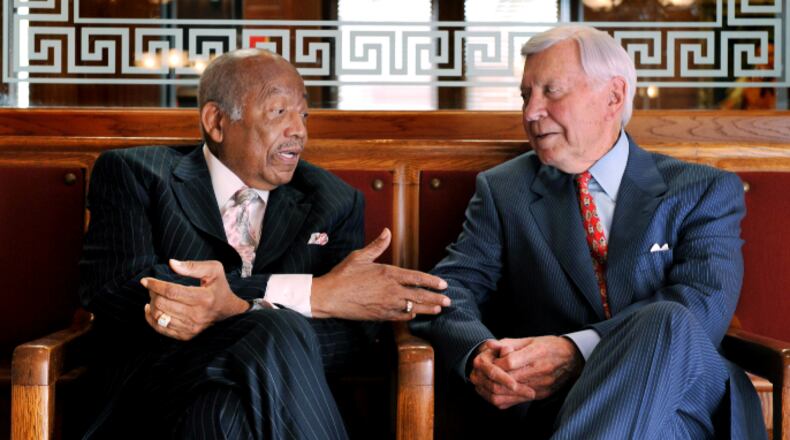 Former state Sen. Leroy Johnson and former Gov. Carl Sanders, in the state Capitol in 2008. AJC file