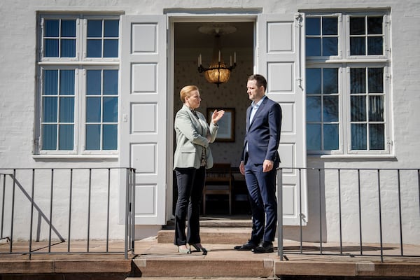 Denmark's Prime Minister Mette Frederiksen, left, and Greenland's Prime Minister Jens-Frederik Nielsen talk during their meeting at Marienborg in Kongens Lyngby, Denmark, Sunday, April 27, 2025. (Mads Claus Rasmussen/Ritzau Scanpix via AP)