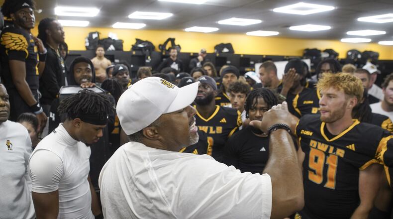 Kennesaw State coach Jerry Mack celebrates with his players in the locker room after the 35-7 win over Louisiana Tech, Oct. 9, 2025. (Kennesaw State Athletics)