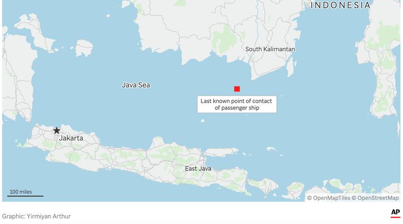 A map showing the last known point of contact of a passenger ship carrying more than 240 people in the Java Sea, that went missing while traveling from East Java to South Kalimantan on Borneo island. (AP Digital Embed)
