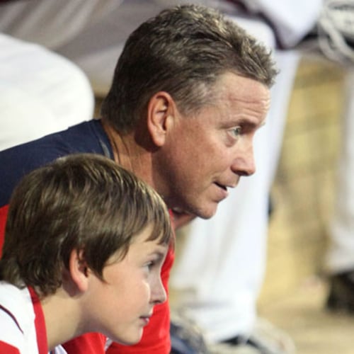 Former Braves pitcher Tom Glavine seen with son Peyton Glavine, when Peyton as 10. All grown up now, he's been signed to the Braves' minor-league team. (Jason Getz/AJC 2009)