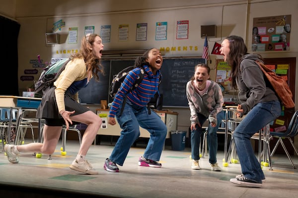 This image released by O&M/DKC shows, from left, Maggie Kuntz, Morgan Scott, Fina Strazza and Amelia Yoo during a performance of "John Proctor Is the Villain" in New York. (Julieta Cervantes/O&M/DKC via AP)