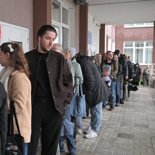 People line up to vote at a polling station during the parliamentary election in St. Petersburg, Russia, Sunday, Sept. 20, 2026. (AP Photo/Andrey Bok)