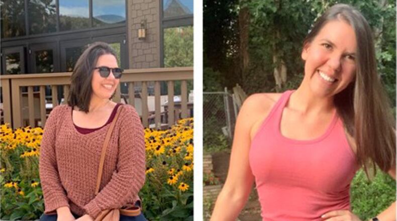 Katie Craggs, left, as seen in September 2019, weighing 200 pounds. Craggs, right, weighed 165 pounds in September 2020 (Courtesy of Katie Craggs).
