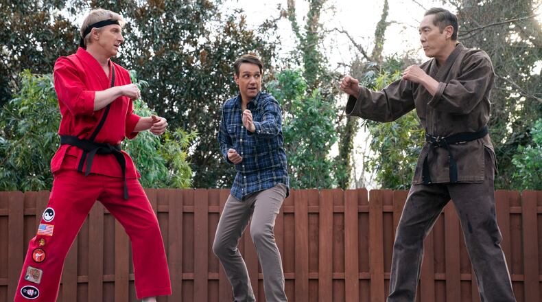 A scene from "Cobra Kai": (L to R) William Zabka as Johnny Lawrence, Ralph Macchio as Daniel LaRusso, Yuji Okumoto as Chozen in Cobra Kai. Cr. Curtis Bonds Baker/Netflix © 2024