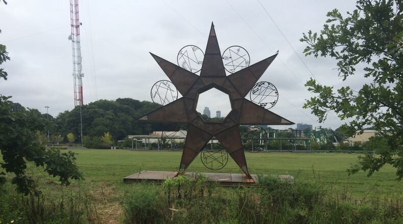 One of the most popular pieces in an earlier version of Art on the Atlanta Beltline, this is “A 24/7 Timestar Lives,” by Charles Smith, installed by the skatepark on the Atlanta Beltline’s Eastside Trail. AJC photo by Jill Vejnoska