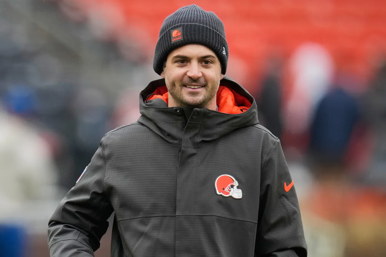 Tommy Rees, Cleveland Browns offensive coordinator, is pictured before an NFL football game against the Tennessee Titans in Cleveland, Sunday, Dec. 7, 2025. The Falcons officially announced on Thursday that Rees will join his boss in Cleveland, Kevin Stefanski, in the same role with the Stefanski's new team in Atlanta. (Sue Ogrocki/AP)